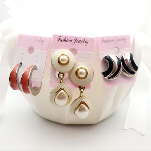 Vintage 80s 90s Enamel Earrings Set 3 Pairs Silver & Gold Tones Cream Navy Coral